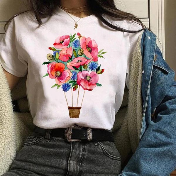 

women clothes lady graphic 90s trend balloon travel flower floral elegant print tees female t shirt womens t shirt, White