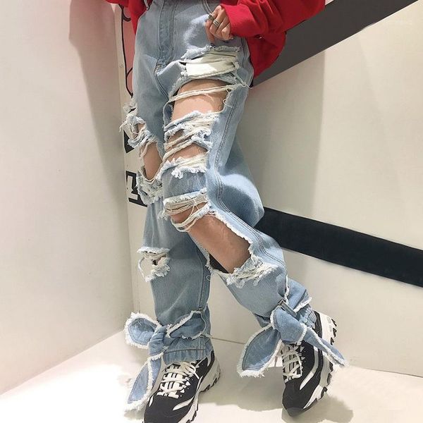 

clothes women 2020 fashion new hole women's jeans pants bow tied bandwidth loose jeans1, Blue