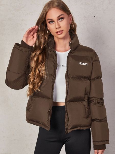 

letter graphic slant pockets puffer coat 87kh#, Black