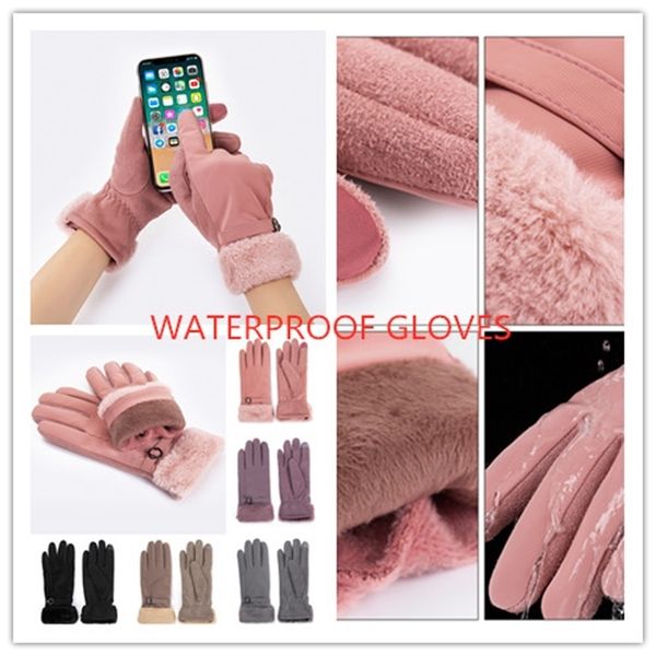 

iwinter new winter for women touch screen waterproof outdoor leather thicken plus velvet warm gloves elastic mittens, Blue;gray