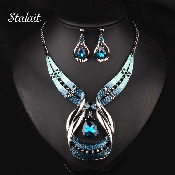 

fashion bridal sets antique silver color crystal water drop snake skin dripping statement necklace earrings jewelry