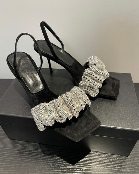 

women summer sandal bows strass high heels luxury design shoes black genuine leather thin heeled square open toe ankel strap sandals