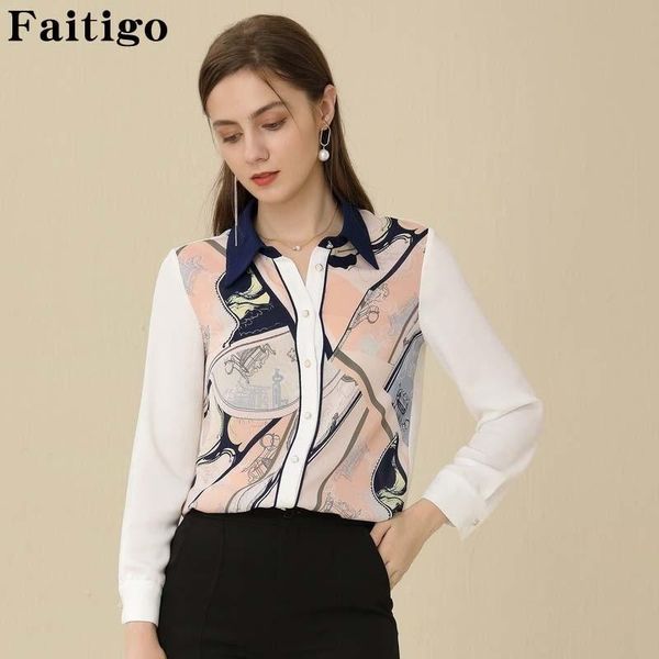 

turn-down collar print spliced elegant chiffon blouse women casual long sleeve slim autumn office lady blouses, White