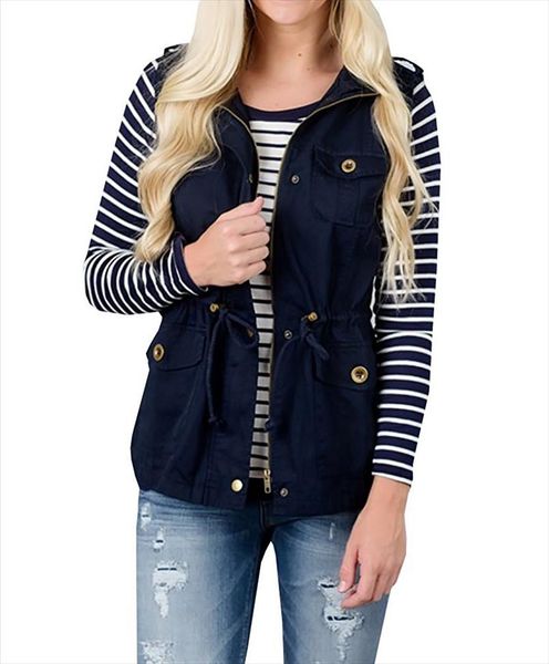 

womens olive cargo utility safari vest with pockets drawstring army jacket coat autumn clothes drop shipping, Black;white