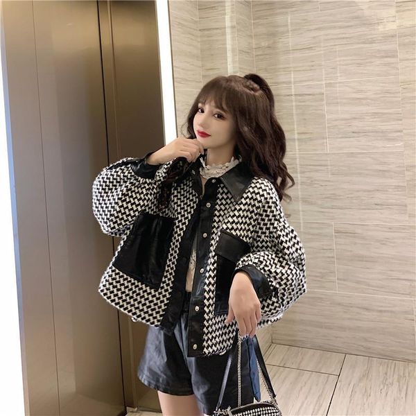 

new loose and short casual woolen jacket and womens stitching1, Black;brown