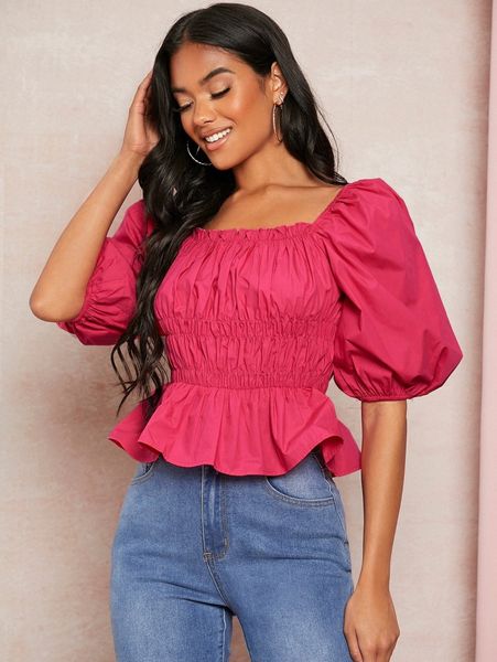 

puff sleeve shirred peplum blouse 929m#, White