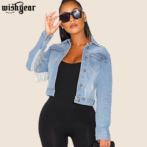 

wishyear tassel accent short jeans jacket turn down collar button pockets gradient full sleeve denim active wear high street coa, Black;brown