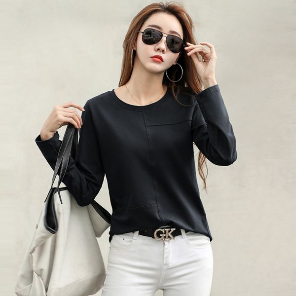 

20 autumn new korean loose round neck solid color long sleeve t- t-shirt women's 95 cotton elastic bottoming shirt uxov4, White