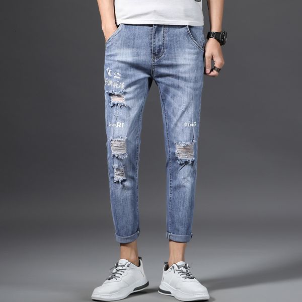 

summer new trend print hole jeans men's casual elastic capris, Blue