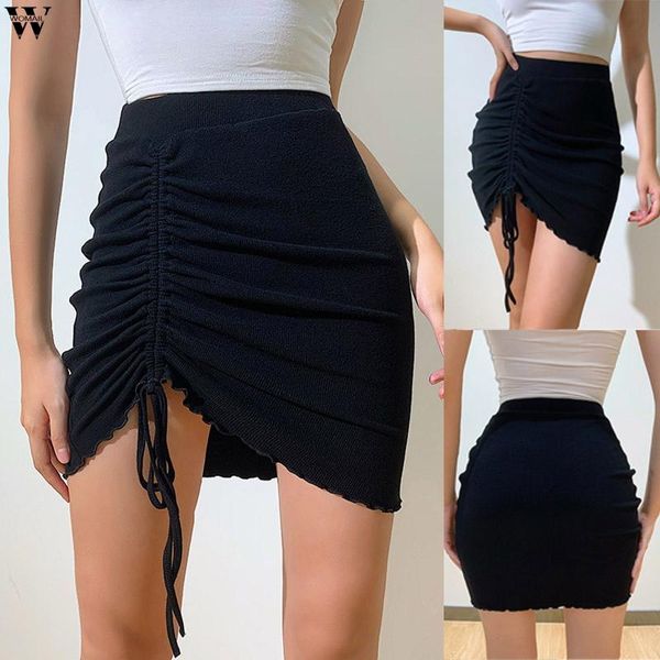 

skirts ruched high waist skirt women drawstring bandage mini summer casual party club straight 2021 faldas mujer moda, Black