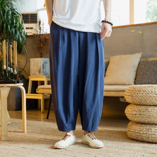 

men's pants men's wide leg cotton linen loose harem summer solid trousers male drawstring clothe men drop1, Black