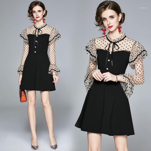 

casual dresses coigarsam ruffles women dress patchwork high waist mesh 69551, Black;gray
