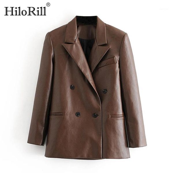 

hilorill solid color fashion pu faux leather blazer women vintage long sleeve office blazers double breasted outwear jacket coat1, White;black