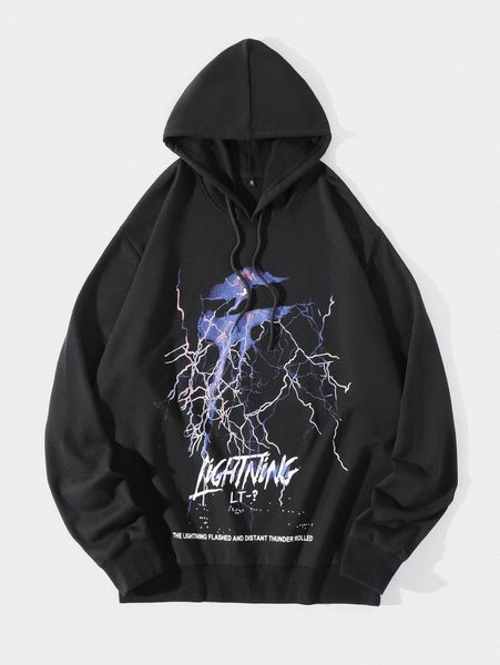 

men letter & lightning hoodie g09b#, Black