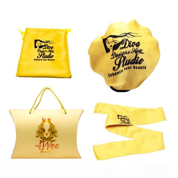 

qeleven oem satin drawstring pocket hair packaging silk storage bags box hair scarf bonnet wig packing sets