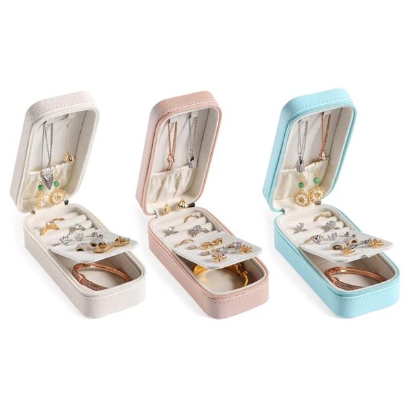 

protable travel leather rectangle bracelet box brooch jewelry storage case earrings necklace cosmetic organizer display, Pink;blue