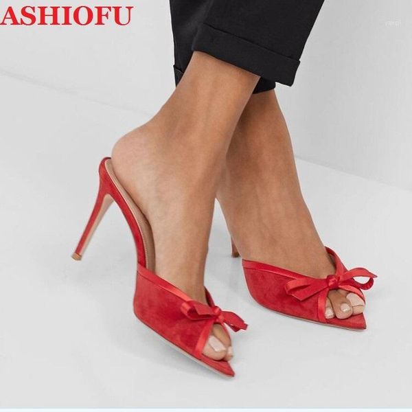 

slippers ashiofu handmade ladies high heel slipper bowtie peep-toe casual summer shoes faux-trimmed suede mules fashion shoes1, Black