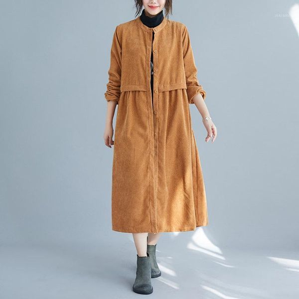

johnature autumn winter simple fashion retro o-neck pockets corduroy windbreaker coat 2020 new comfortable all-match women coat1, Tan;black
