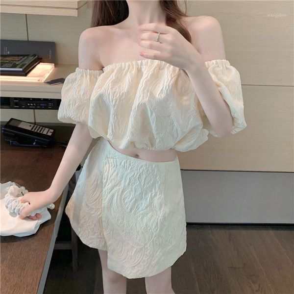 

2020 net red the same paragraph embossed jacquard word shoulder short + irregular pants skirt two-piece suit1, White