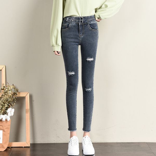 

jeans women's autumn 2020 blue new high waist ankle length skinny leggings ripped rough edge pencil pants lqxlsa 2083 y1214
