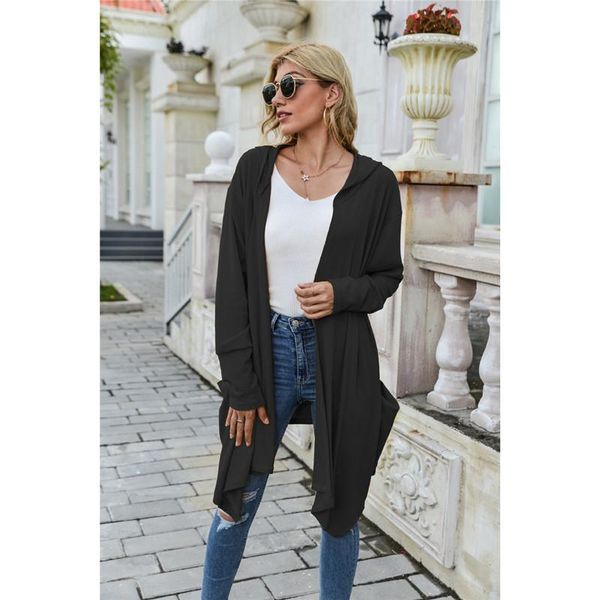 

women solid color trench coat fashion trend long sleeve cardigan mid-length hooded cloak coat autumn female casual loose outerwear clothes, Tan;black