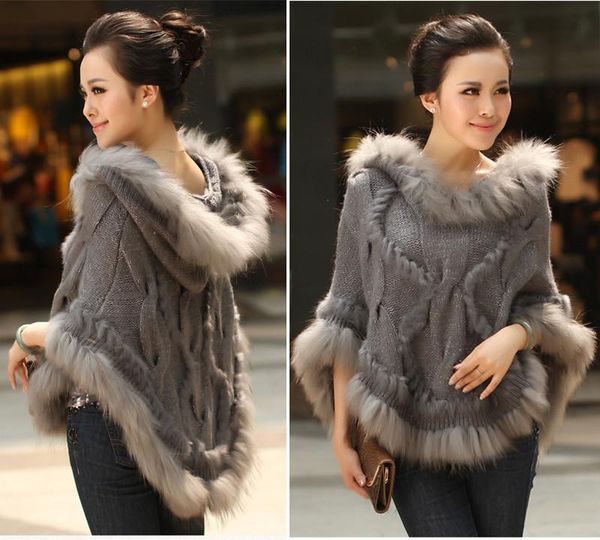 

fahion luxury women's genuine real fur raccoon fur trimming knitted pullovers stole cape poncho wraps sweatercoat, Blue;gray