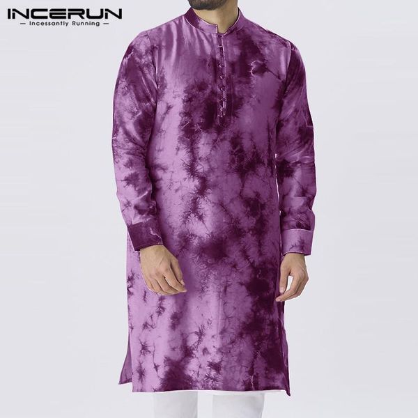 

incerun men muslim shirt long sleeve vintage tie dye print kurtas casual stand collar islamic arabic kaftan men long s-5xl1, Red