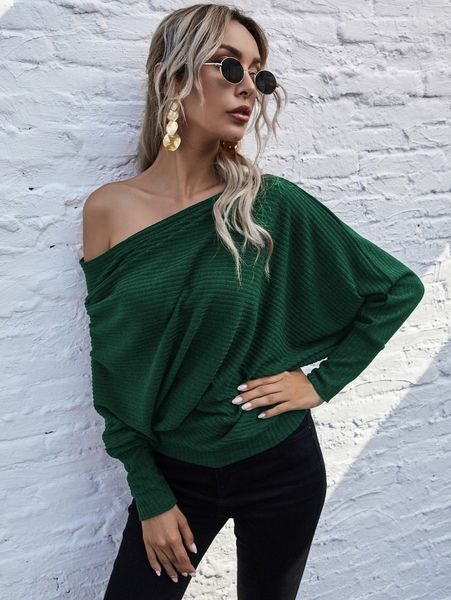 

solid rib-knit batwing sleeve sweater u1ae#, White