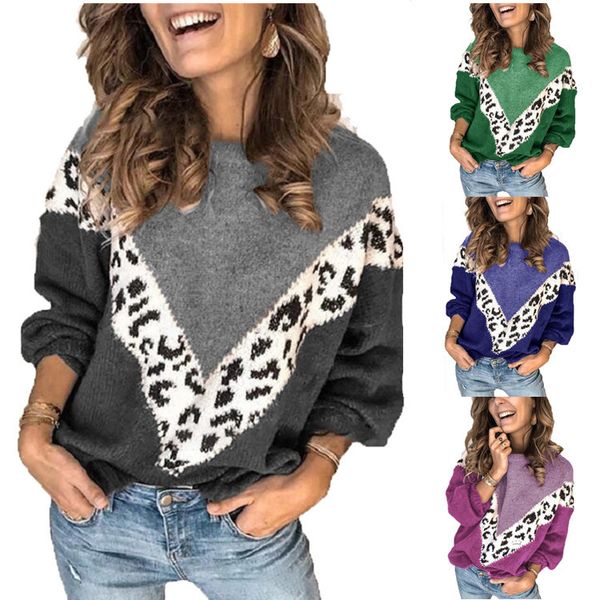 

loose women sweaters leopard patchwork plus size long sleeve knits clothing autumn winter o neck casual womens sweater, White;black