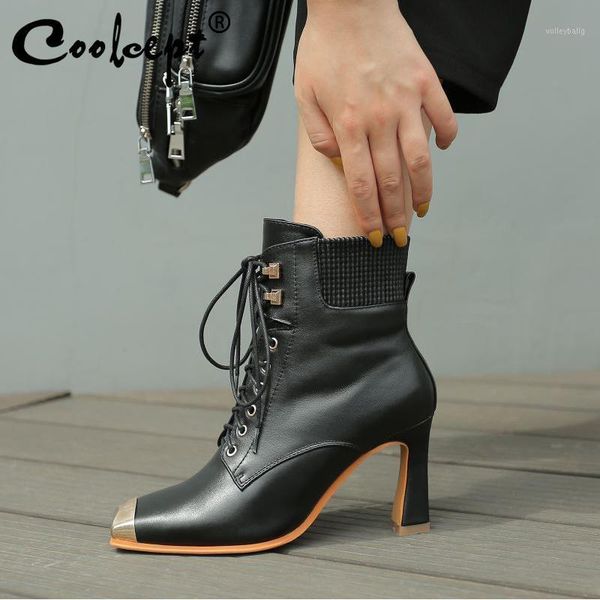 

coolcept women ankle boots genuine leather high heels shoes zipper cross strap black boots office ladies footwear size 34-431