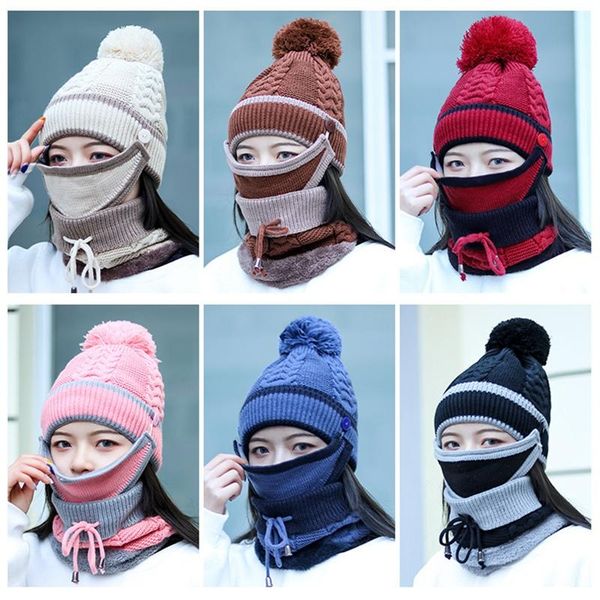 

трикотажное 3 шт set женская шляпа шарфы шапки neck warmer winter hat for ladies девушки skullies шапочки теплый флис caps, Blue;gray