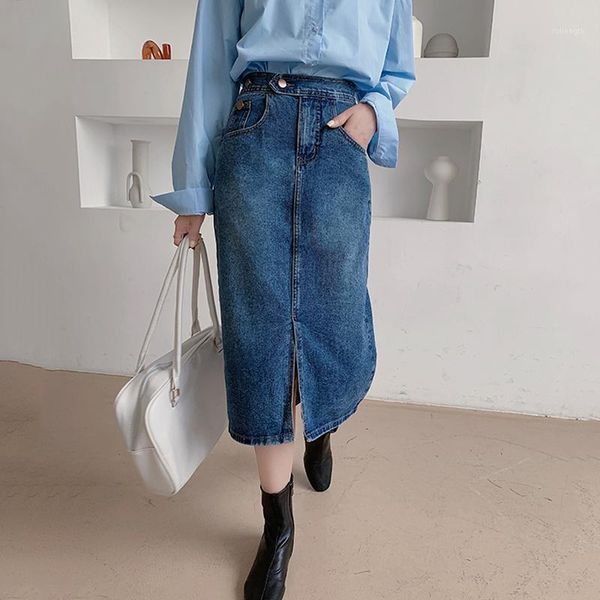 

denim skirts women 2020 fashion split mid calf length vintage pocket blue saia ladies high waist midi skater1, Black
