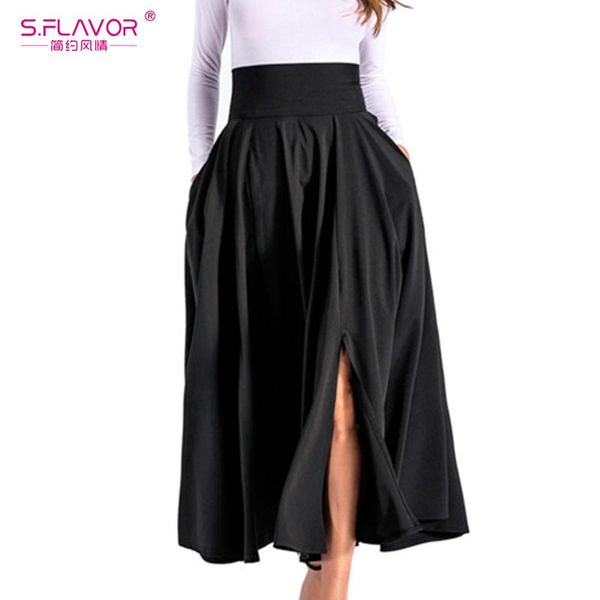 

s.flavor winter women high waist a-line party skirts female bow mid length skirt faldas saia vintage pleated skirt solid color, Black