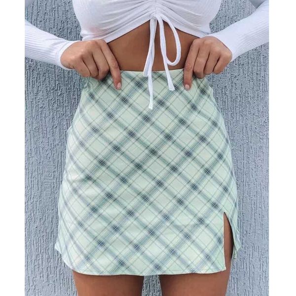 

women side split check mini skirt in light green cx200703, Black