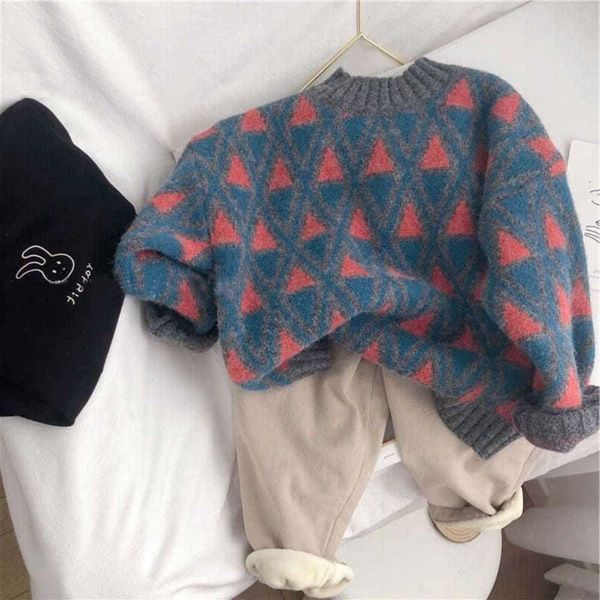 

new hani beitian 20 autumn winter korean version ins boys and girls' foreign sle pullover contrast color knitted warm sweater, Blue