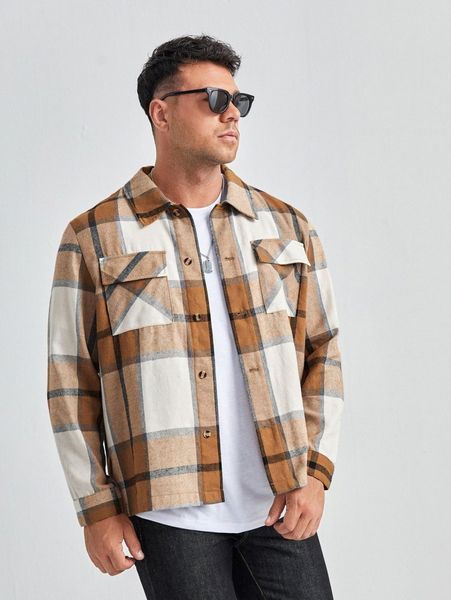 

extended sizes men plaid pattern flap pocket overcoat a35n#, Black;brown