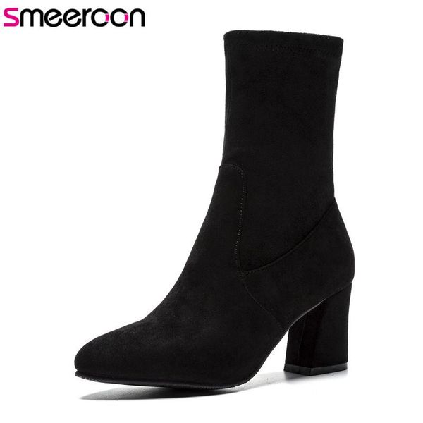 

smeeroon new popular ankle boots pointed toe high heels autumn winter boots slip on women wedding shoes black
