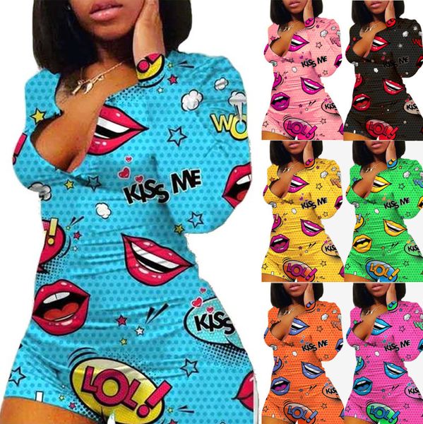 

women onesies designer long sleeve button cartoon print lips skinny jumpsuits ladies casual v-neck slim short rompers p96, Black;white