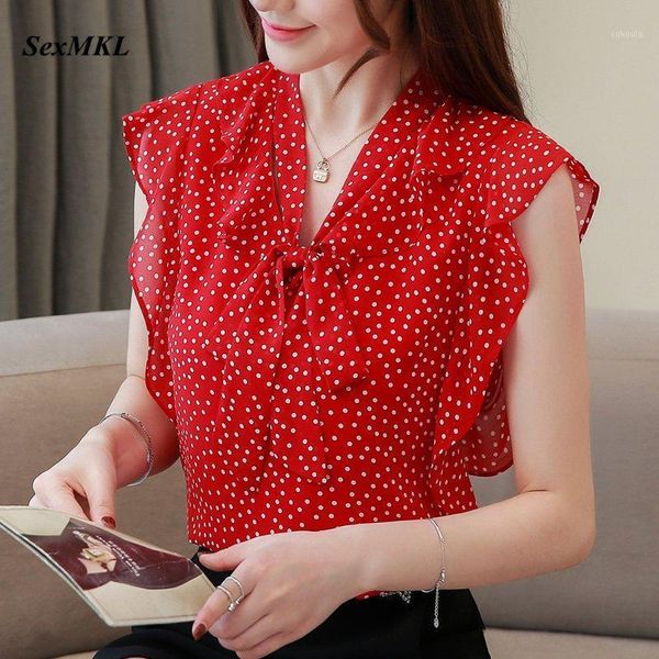 

polka dot chiffon blouse women shirts 2021 ruffles sleeveless harajuku and blouses office lady korean red casual blouse1, White