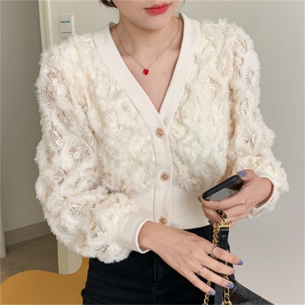 

2021 new female fashion chiffon solid shirts single v neckline breasted lace crochet hollow out shirt spring e8x8, White