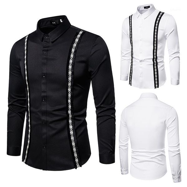 

spring and summer new fashion simple solid color leisure men's slim lapel long sleeve shirt trend d4431, White;black