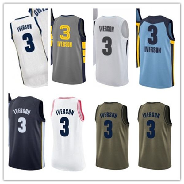 

custom 2020 grizzlie style jerseys black white green grey army green 3 allen iverson basketball jersey, Black;red