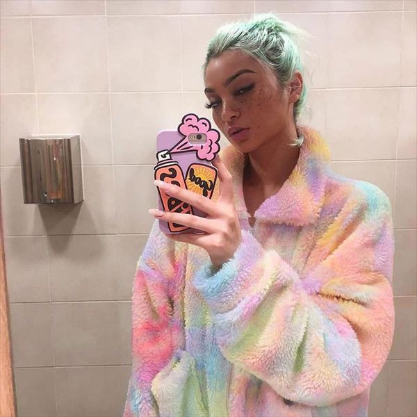 

fashion rainbow color women faux fur coat ladies fluffy coat amp; jackets female zipper up fleece jacket winter thick outwear, Black