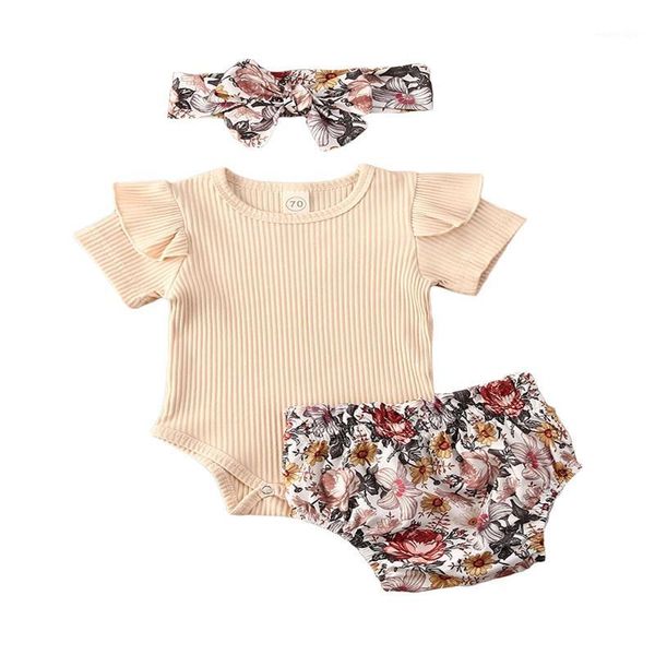 

clothing sets born baby girls boys clothes 3pcs ruffles sleeve solid romper +floral shorts+headband1, White
