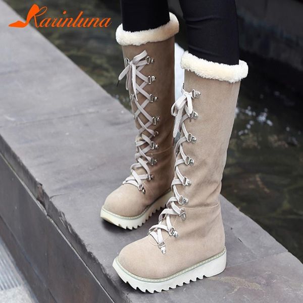 

boots shoes women plus size 34-43 short plush cross-tied mid-calf flat with solid autumn winter booties, Black