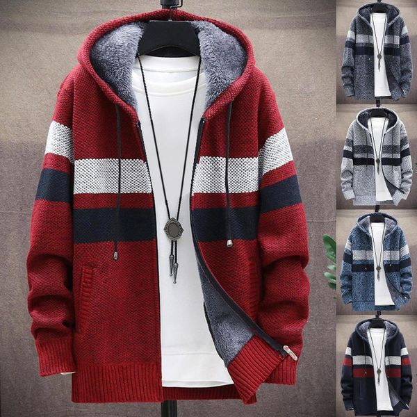 

winter warm jacket men trench coat casual coat knitted hooded cardigan zip plush color block autumn winter men long sleeve, Black