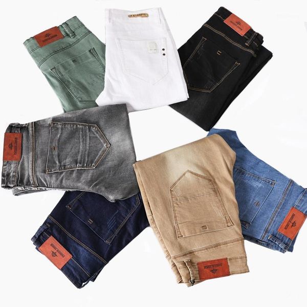 

new 2020 brand young men's fashion skinny white jeans cotton stretch mens slim feet pants khaki blue black gray denim1