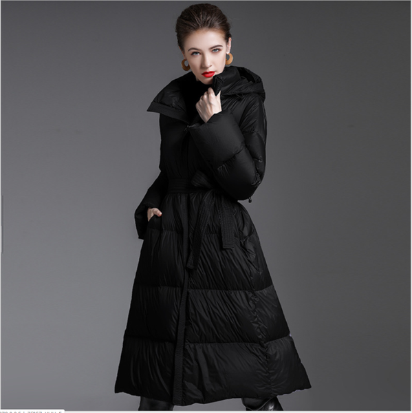 

winter fashion women's down jacket hooded belt coat thicken warm 90% white duck down coats long puffer parkas female outwear, Tan;black