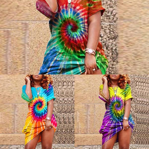 

gkmos 2020 new fashion thread now short sleeve loose tie-dyed thread new fashion 2020 tie-dyed loose short dress sleeve printed printed dres, Black;gray