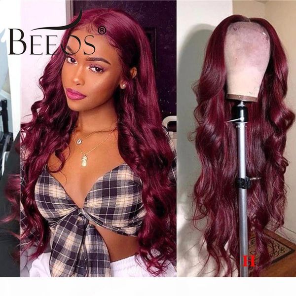

beeos body wave burgundy colored lace front human hair wigs 180% for women pre plucked brazilian remy hair, Black